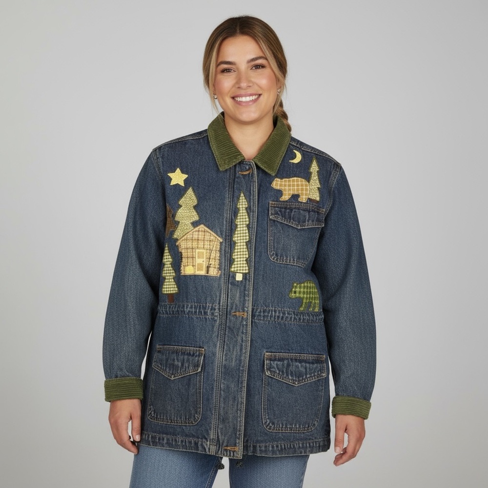 Chore Coat Christopher & Banks Green Appliqué‎ Embroidered Blue Denim